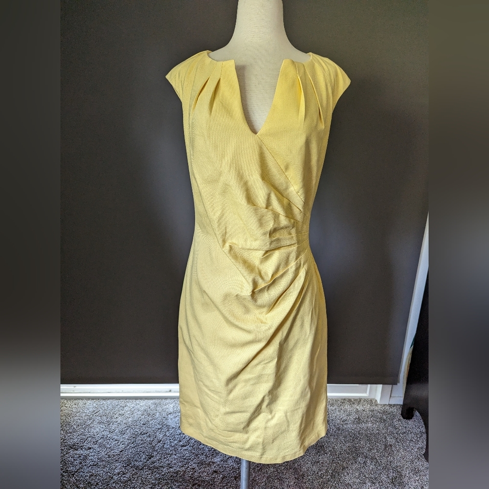 Adrianna Papell Yellow Crepe Draped Overlay Dress (sz 6)